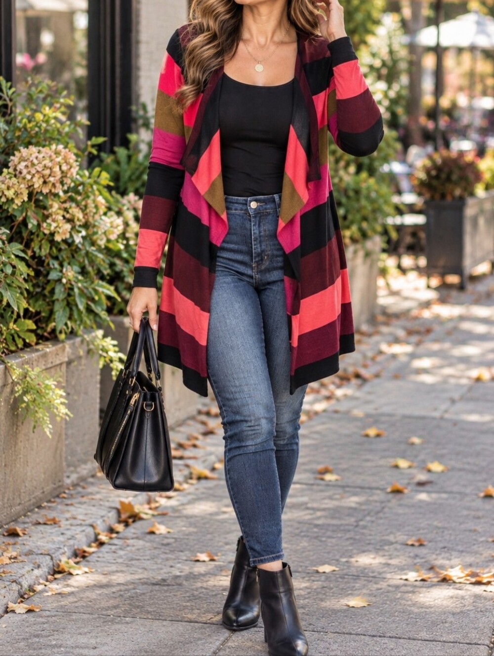 Soyaconcept Pink Black Brown Striped Open Front Waterfall Cardigan Viscose Blend